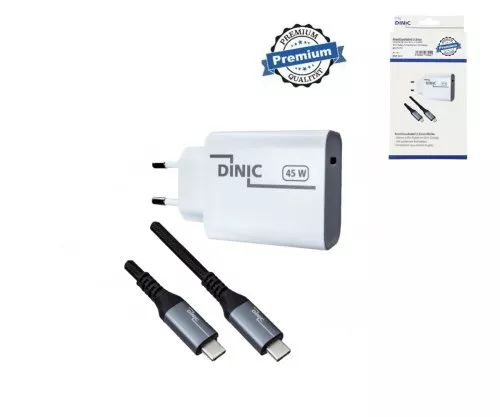 Adaptateur secteur USB C 45W + câble USB-C vers C, chargeur rapide avec PD3.0 et PPS + câble USB-C HQ, 2m, DINIC Box